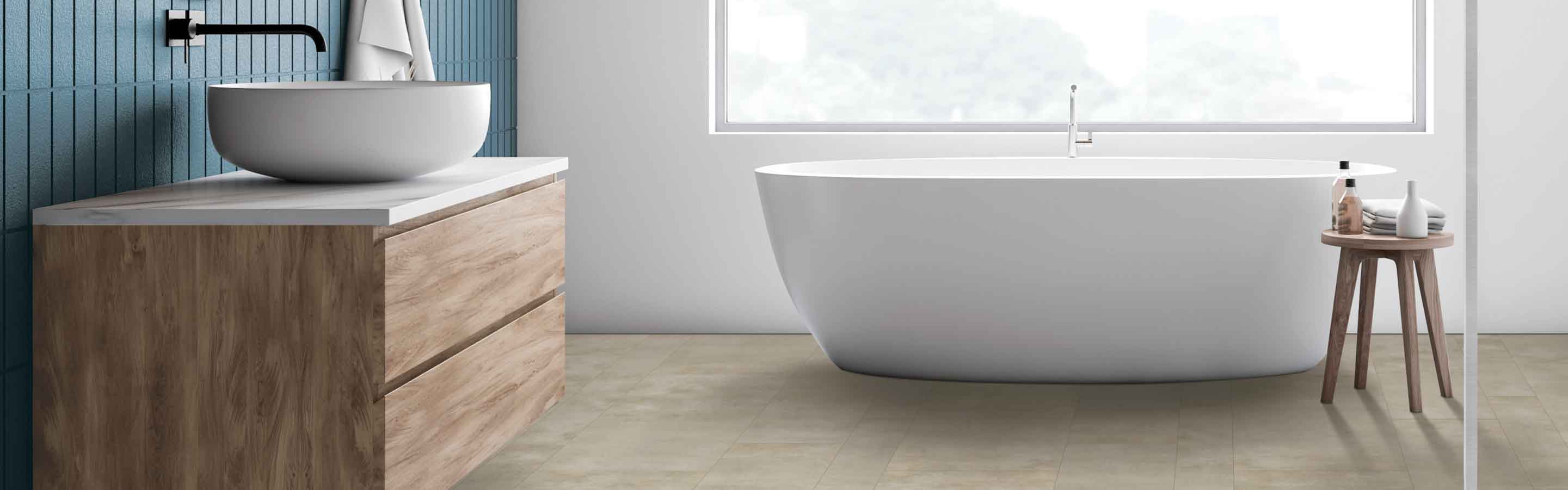 vinyl flooring in a bathroom with soaking tub and large window